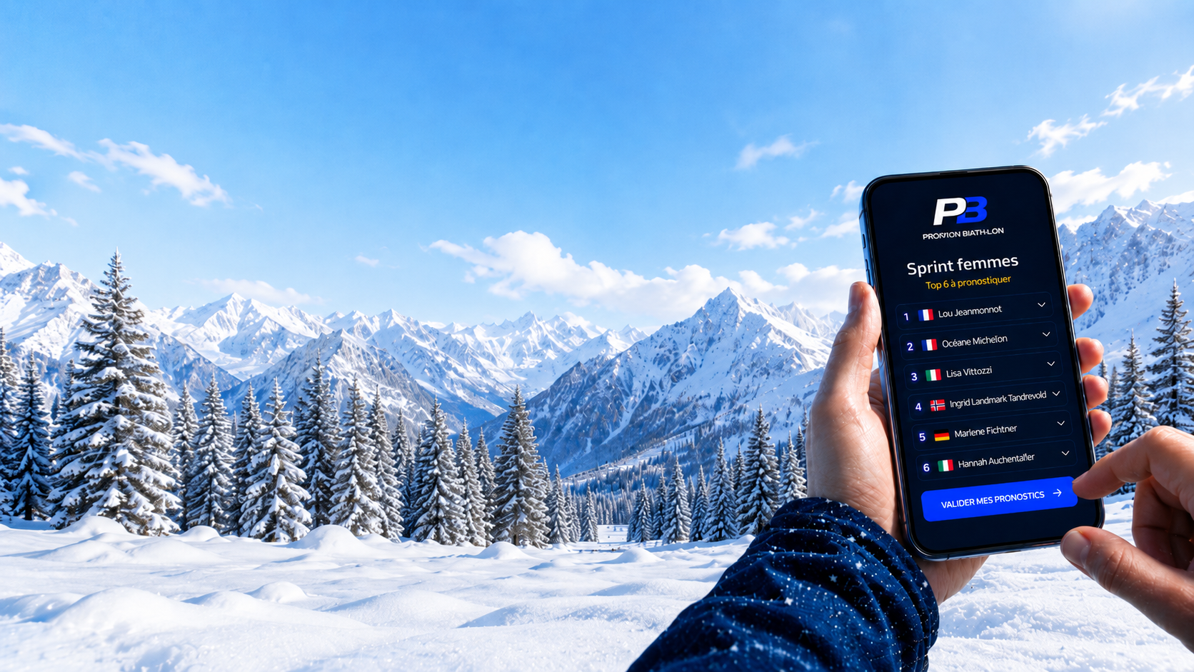 Aperçu d'un pronostic Top 3 Pronos Biathlon sur smartphone devant un paysage de montagne enneigé